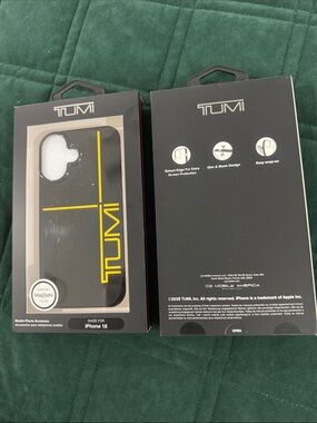 TUMI Black iPhone 16 Case with Yellow TUMI Stripe